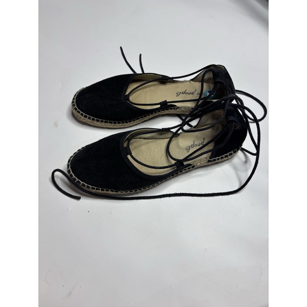 Free People‎ Marina Black Nubuck Espadrille Sandals Round Toe Lace Up Sz EUR 38